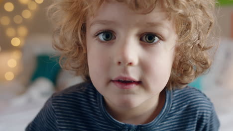 portrait happy little boy with curly hair cute child at home