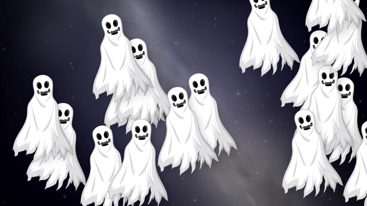 Fantasmi bianchi animati a cartone animato fluttuano orizzontalmente su uno sfondo di cielo notturno stellato viola scuro.