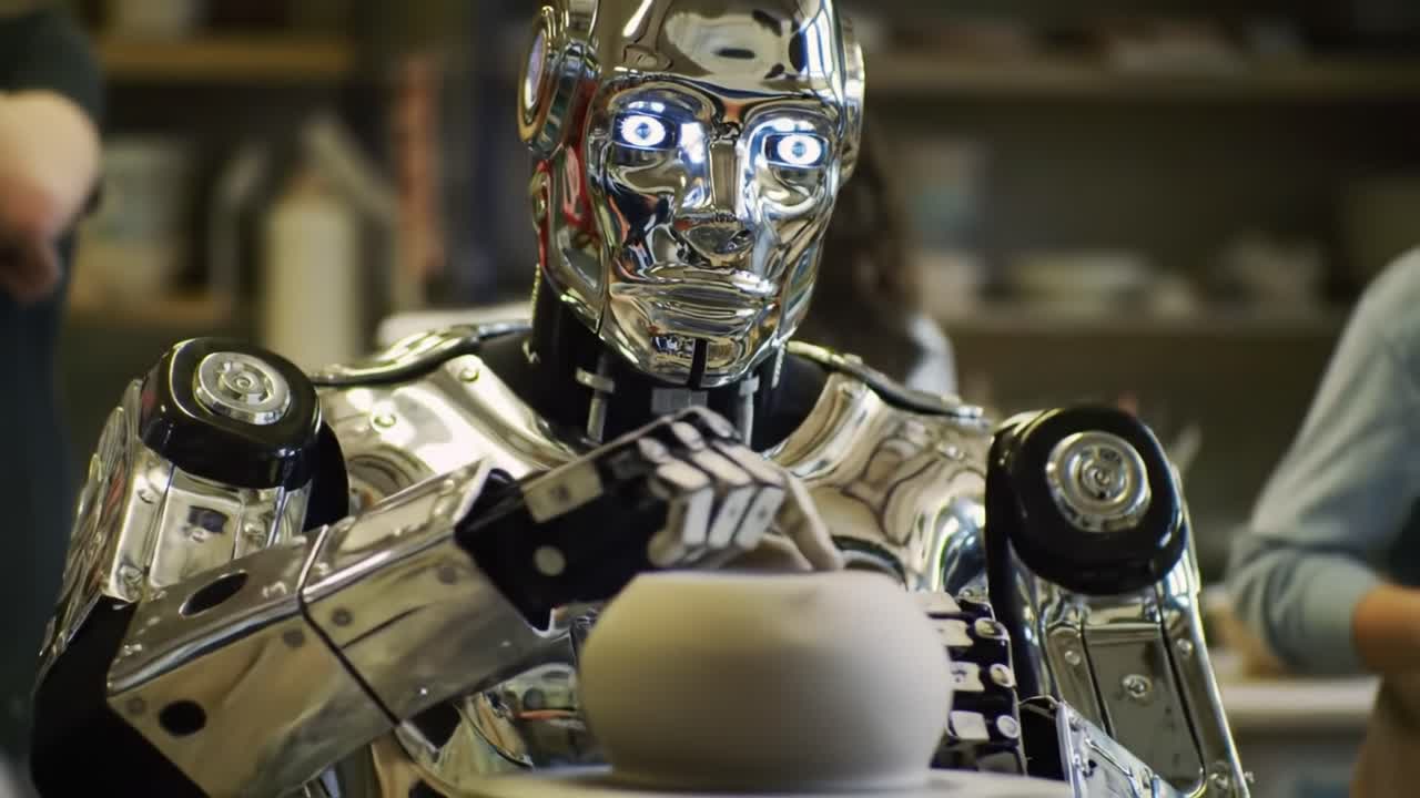 A Futuristic Robot Engaged in Artistry: Crafting a Unique Pottery Piece with Precision and Care in a Creative Studio Environment