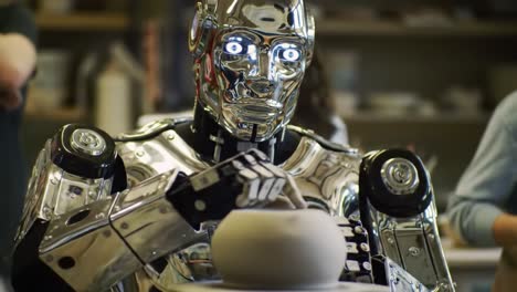 a futuristic robot engaged in artistry: crafting a unique pottery piece with precision and care in a creative studio environment