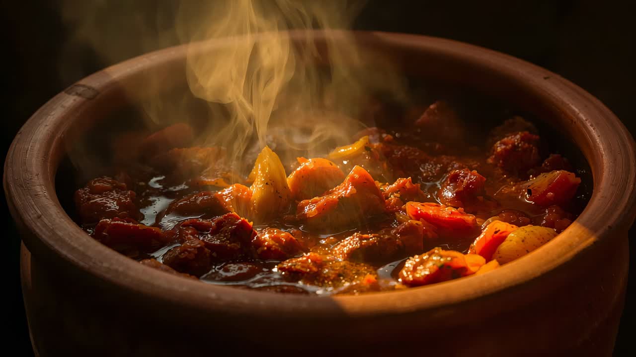 Panci tanah liat bundar yang memanas mengeluarkan uap ke dapur yang remang-remang, memperlihatkan wortel dan daging.