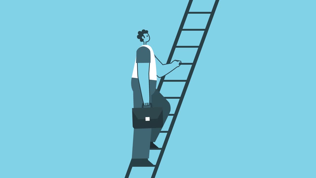 hombre con maletín sube las escaleras de la escalera. éxito y conceptos de crecimiento profesional. diseño plano personaje de dibujos animados circuito aislado animación 2d con canal alfa