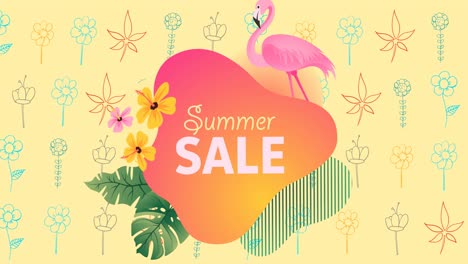 animation of summer sale text with flamingo over flowers moving in hypnotic motion