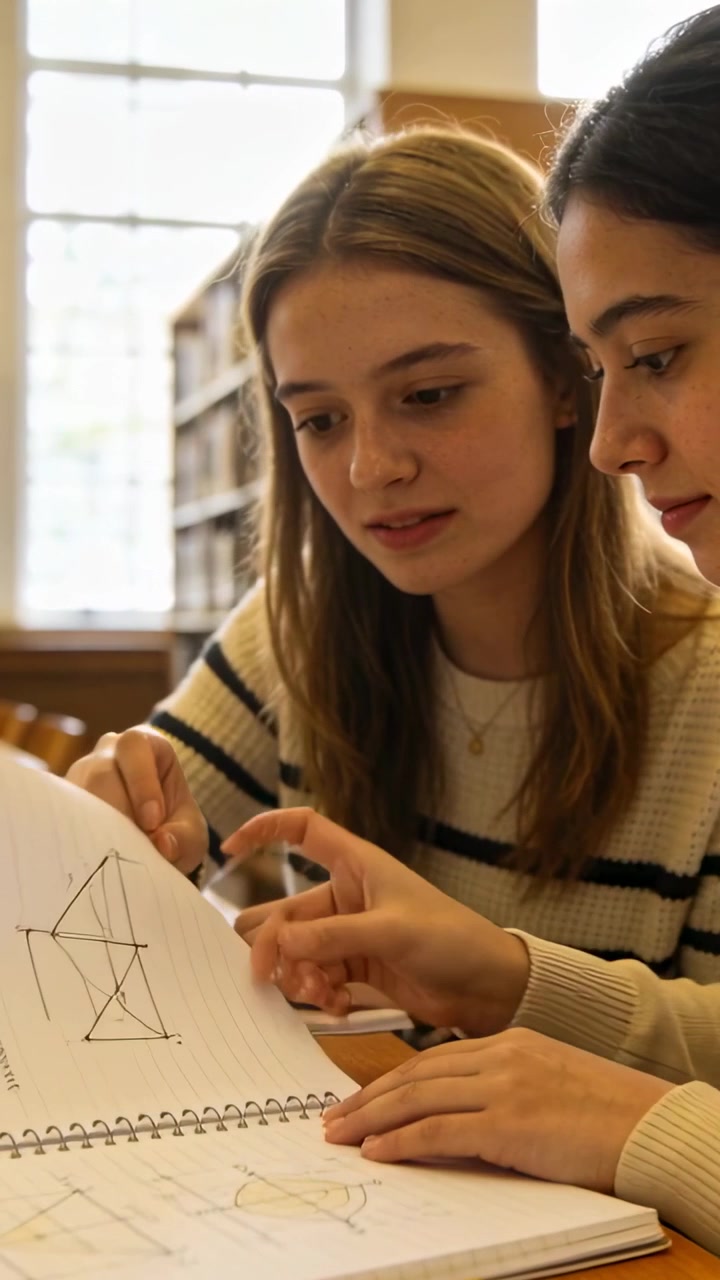 Video verticale: Sfogliare pagine, due studenti che indicano la geometria in biblioteca, studiano con i maglioni.