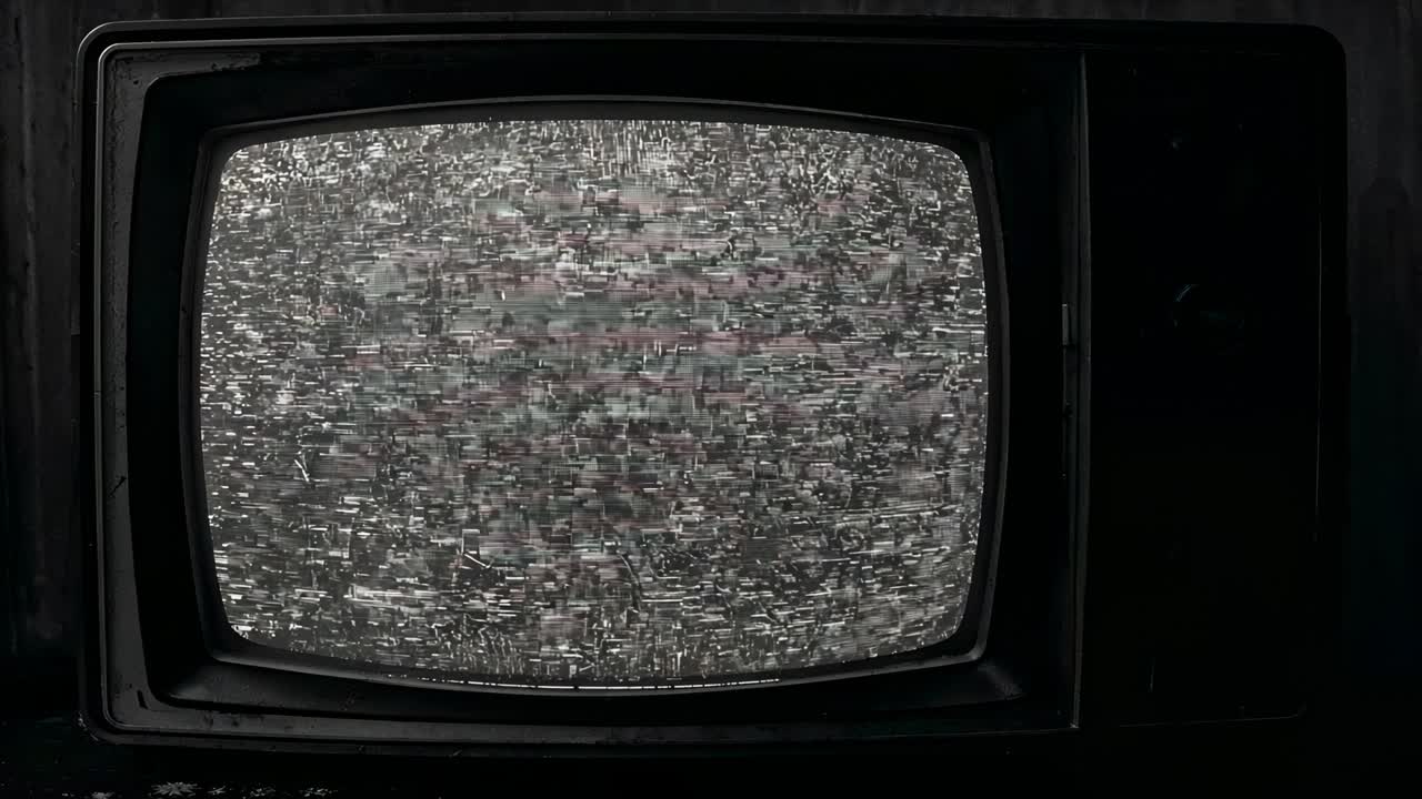 Powering on vintage CRT television showing flickering gray static in dimly lit interior, no signal