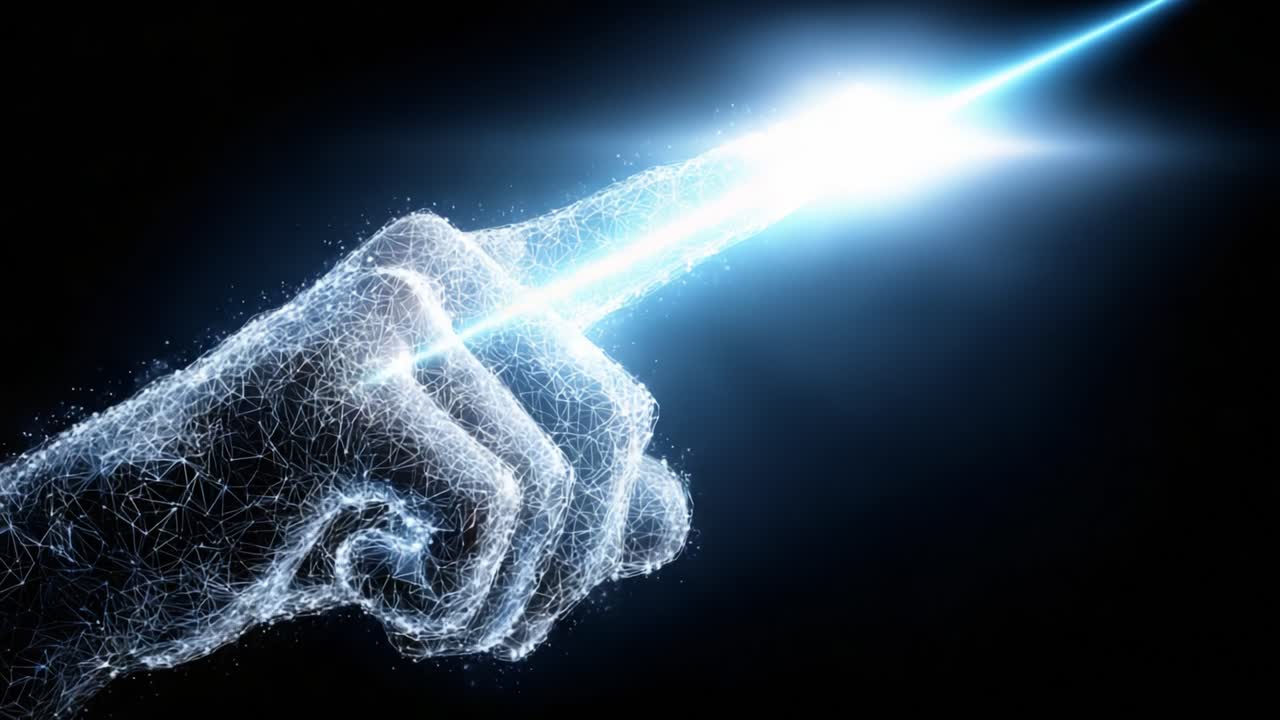 Uno sguardo futuristico alla tecnologia: un dito luminoso che punta con energia e connettività, catturando l'essenza dell'innovazione digitale e dell'interazione umana.