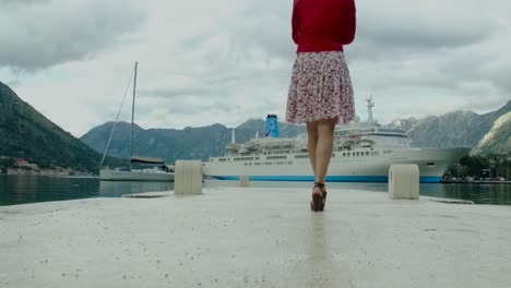 woman walking on pier by cruise ship