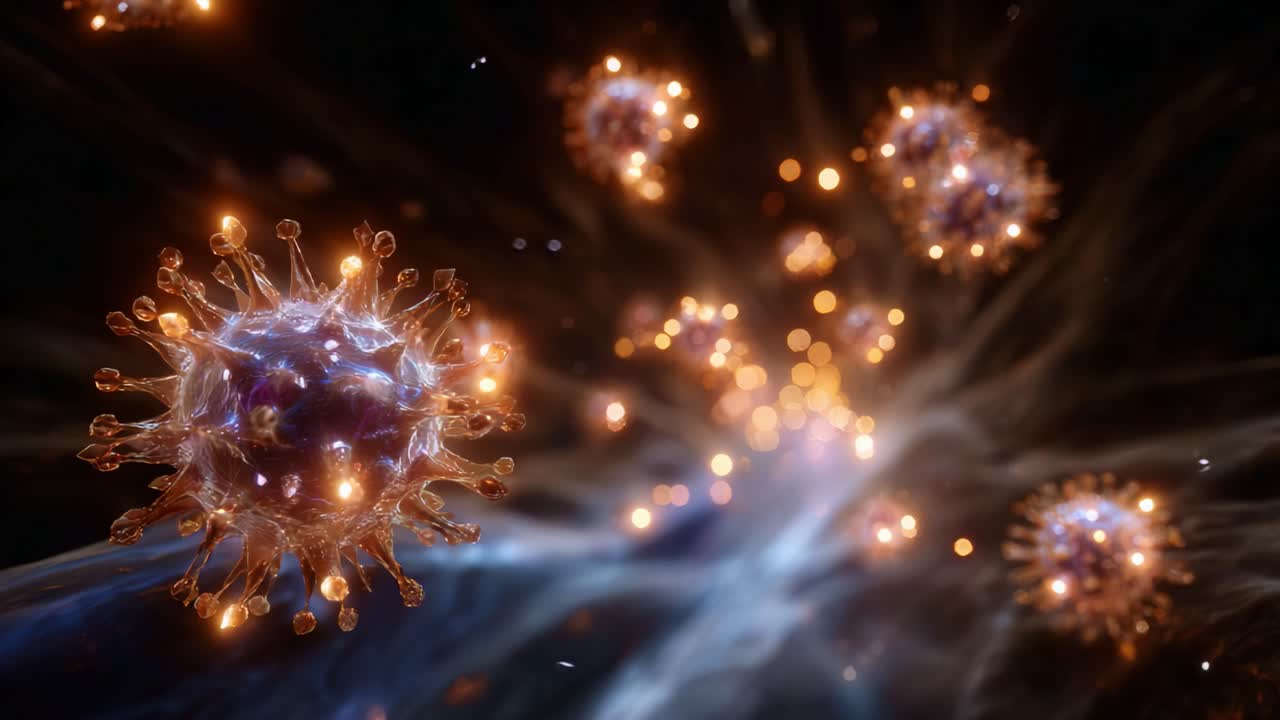 A stunning visualization of microscopic viruses floating through a dynamic space, showcasing intricate structures and glowing elements in a high-definition digital artwork