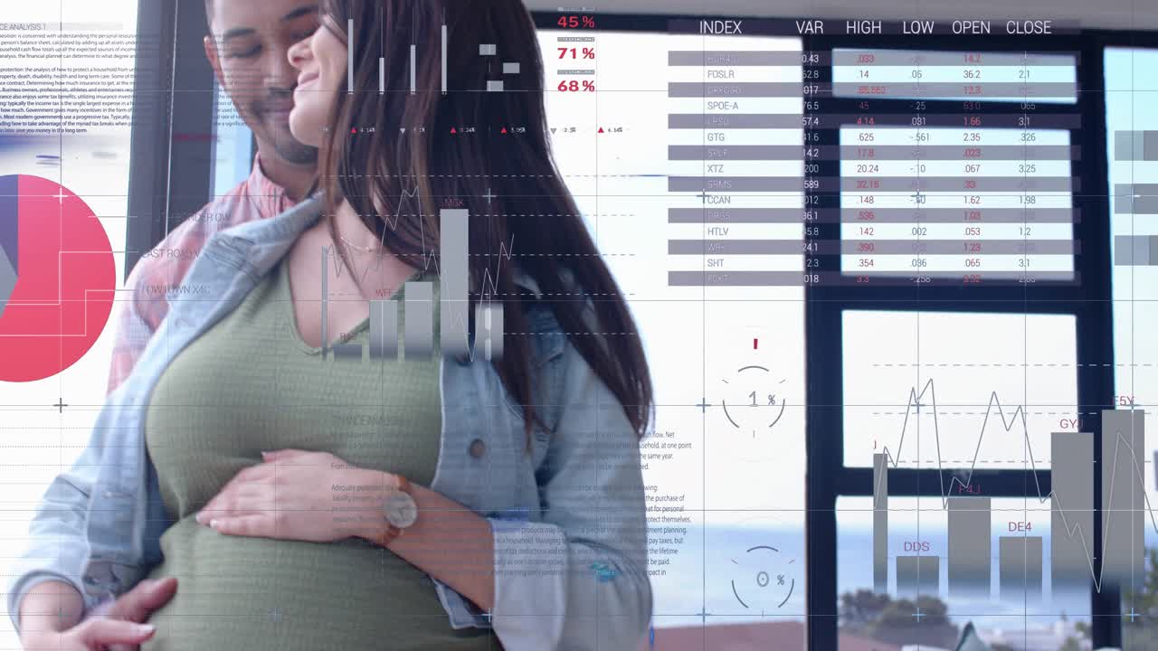 Partner stepping in, expectant couple cradling belly, animated prenatal charts floating over bump