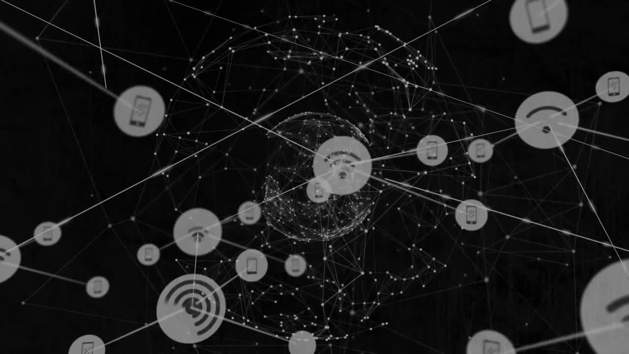animación del globo con red de conexiones con iconos wifi en fondo oscuro