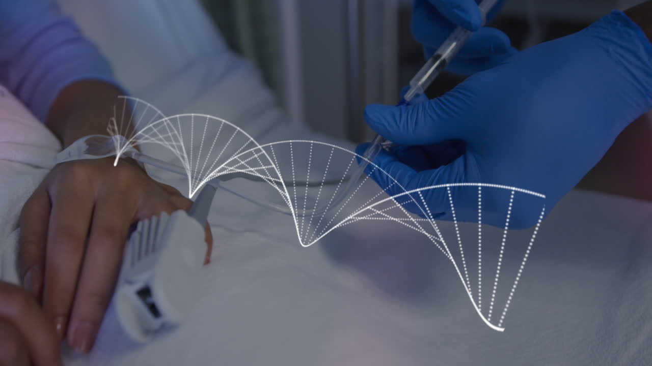 Animation of doctor vaccinating patient over dna strand