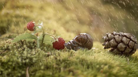 close-up wildlife of a and wild strawberries and snail in heavy rain in the forest. shot on super slow motion camera 1000 fps.