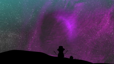 animation of snow man over fireworks on night sky background