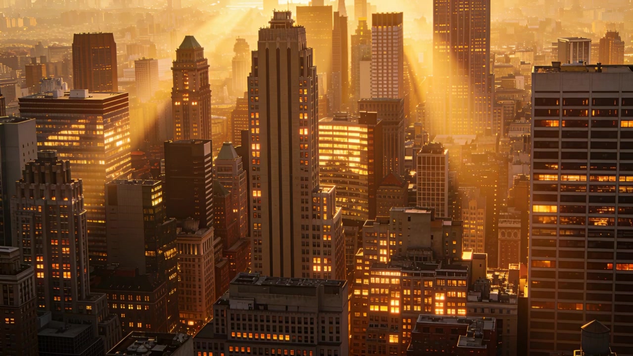 Agrupamento de arranha-céus centrais brilhantes refletindo a luz dourada do sol na névoa, vistos de um telhado com janelas iluminadas.