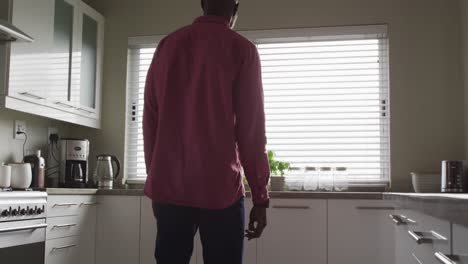video of back view of african american man walking in kitchen