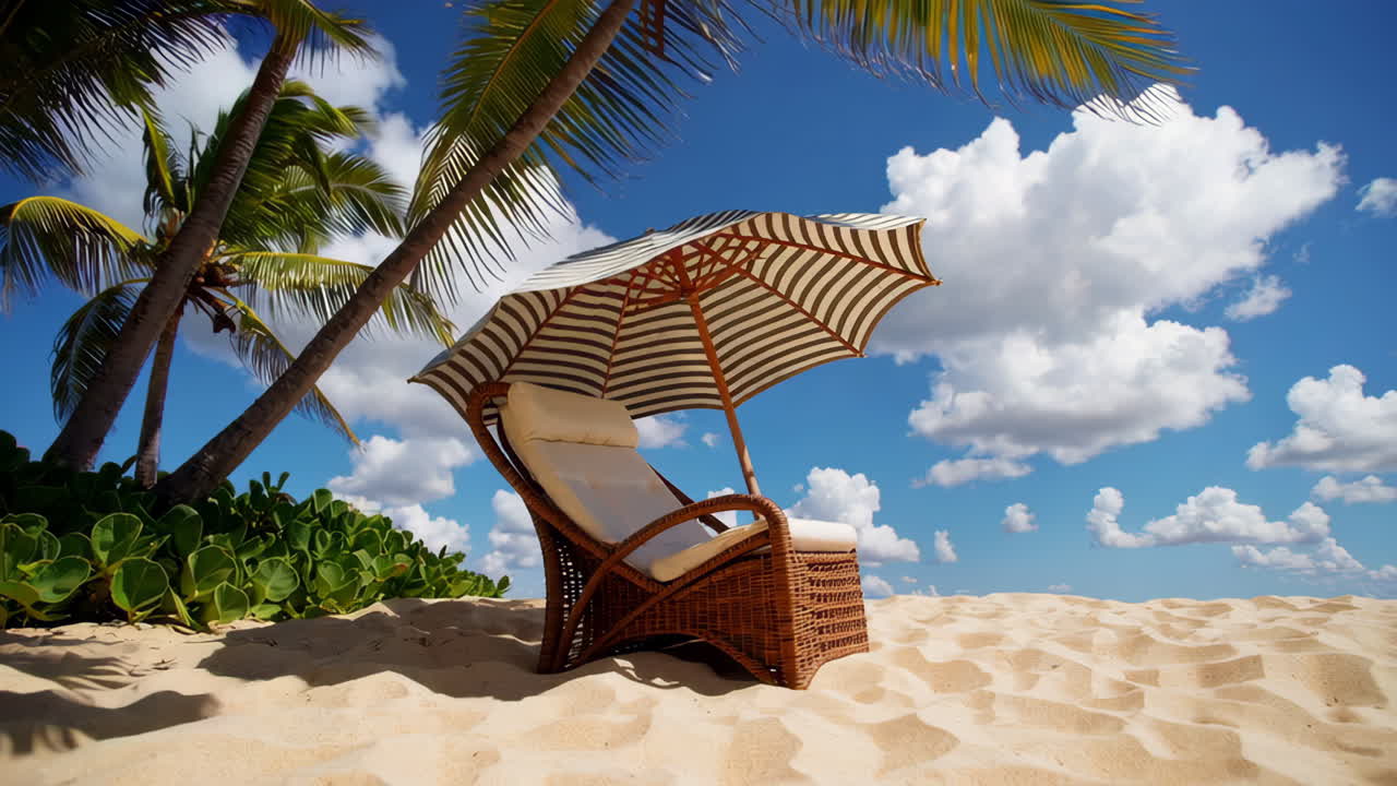 A serene tropical beach scene with a lounge chair and umbrella under palm trees