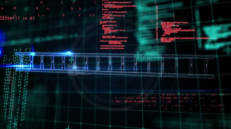 Animasjon av DNA-streng over vitenskapelig databehandling på mørk bakgrunn