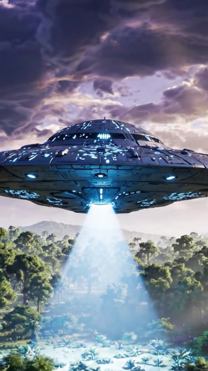 Et utenomjordisk romskip svever over et frodig skoglandskap under dramatiske skyer, som fanger essensen av science fiction-utforskning og det ukjente
