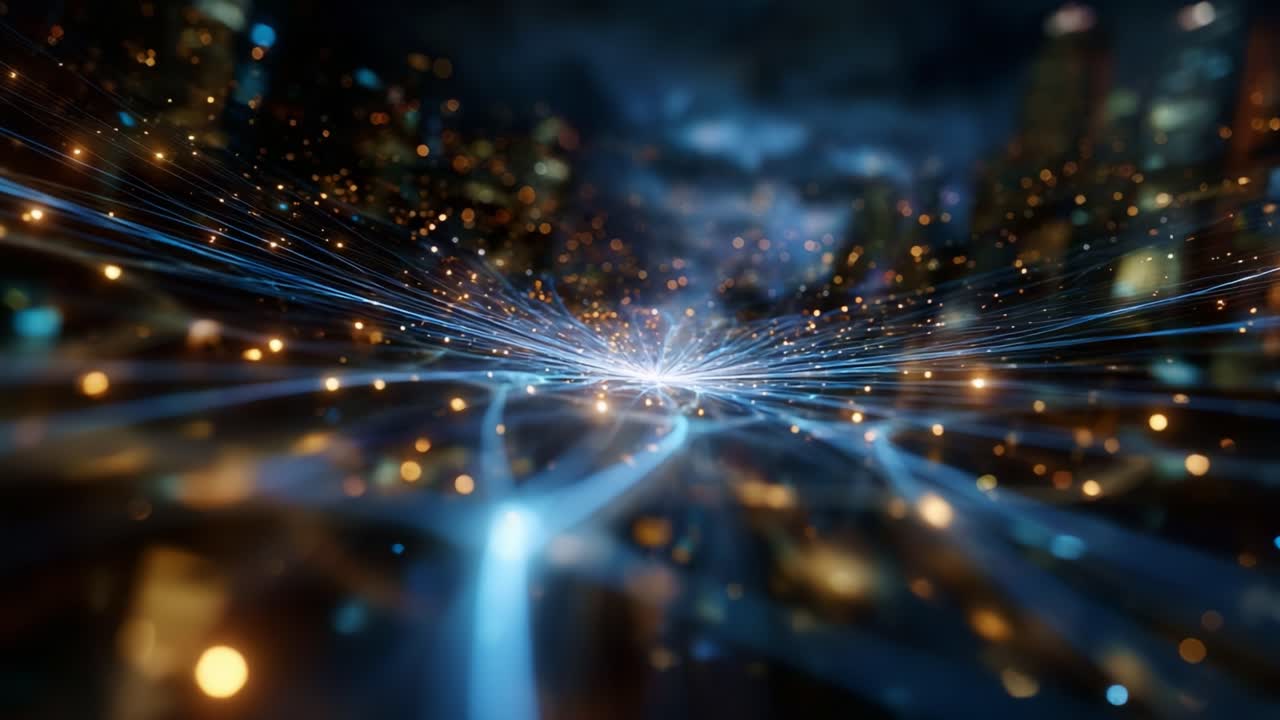 A mesmerizing visual journey through a dynamic network of shimmering lights and vibrant energy pathways, illuminating an expansive cityscape in night mode