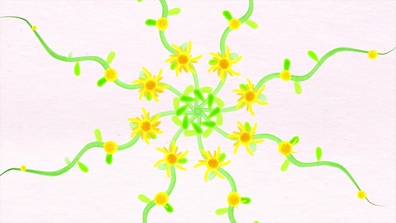 colores kaleidoscopio patrones de puntos de flores con textura de papel de acuarela. fondo de gráficos de movimiento abstractos multicolores. tarjeta animada, tulipanes dibujados a mano, ramo de flores