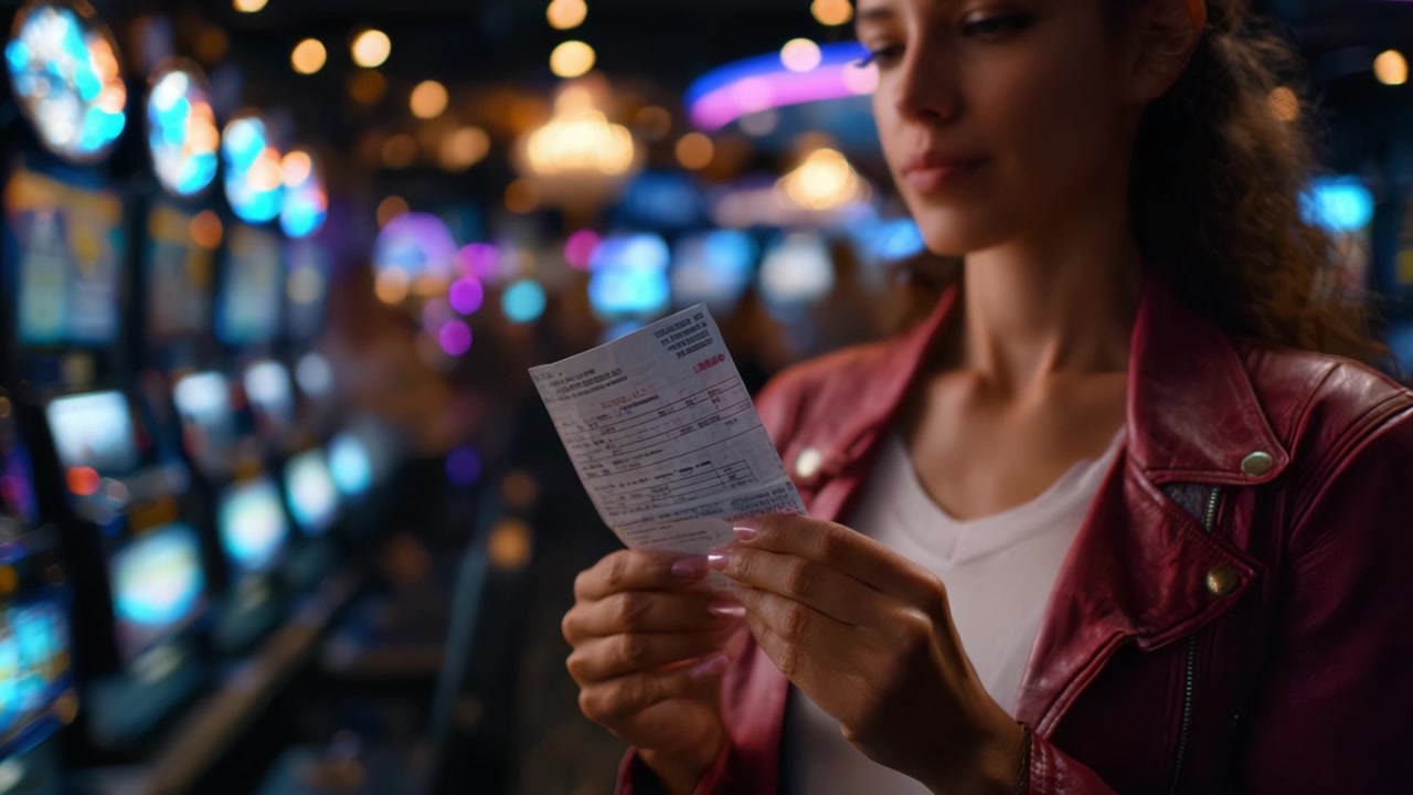 Emoción y anticipación: Una mujer sostiene un boleto de apuesta entre coloridas máquinas tragaperras en un vibrante ambiente de casino.