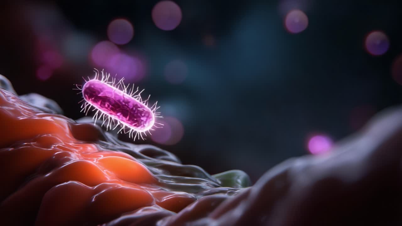 A Magnified View of a Colorful Bacterium Surrounded by Vibrant Cellular Structures in an Abstract Microbial Environment