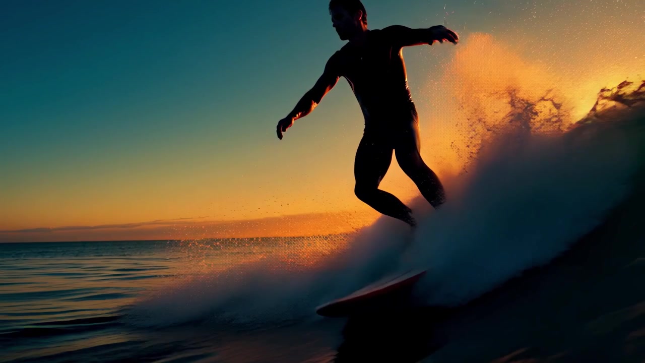 Surfer Riding a Wave at Sunset