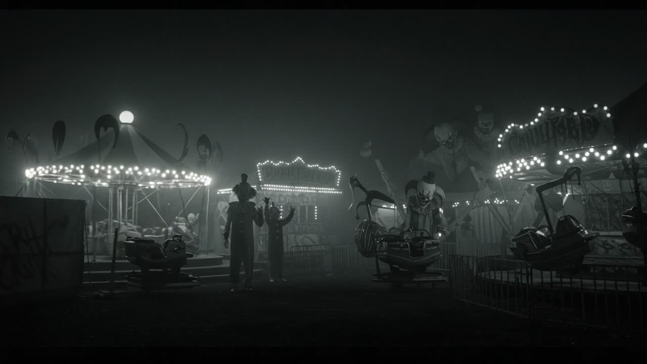 Spooky Carnival Scene at Night: Eerie Atmosphere with Dull Lights, Abandoned Rides, and Mysterious Figures Creating an Intense Sense of Dread and Anticipation