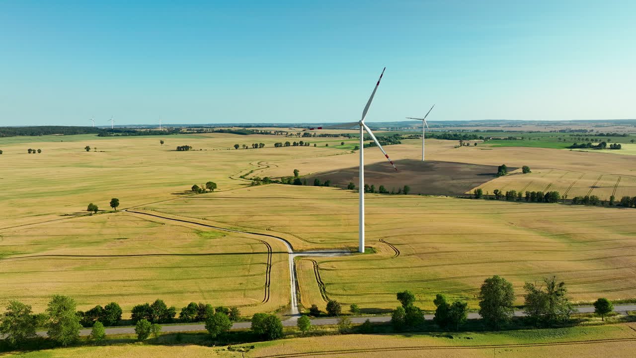 Aerial View of Wind Turbines in a Rural Field