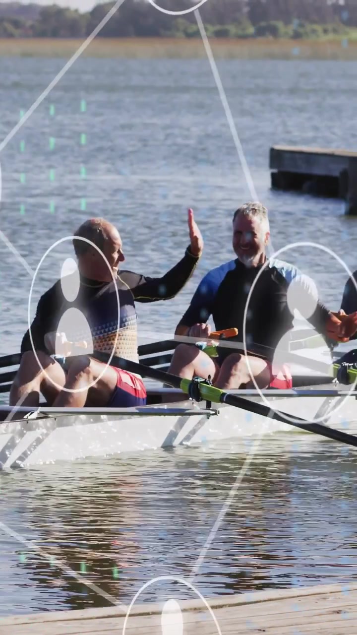 Vertical video: Rowing crew sitting dock center raising hand, overlay linking team bonding hi-fives