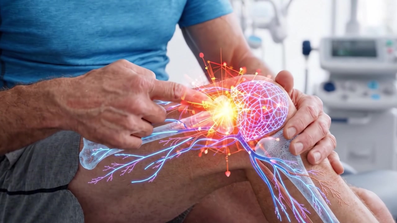 Innovativ medisinsk visualiseringsteknologi som demonstrerer muskuloskeletal anatomi og funksjonalitet på en pasients kne under en behandlingsøkt