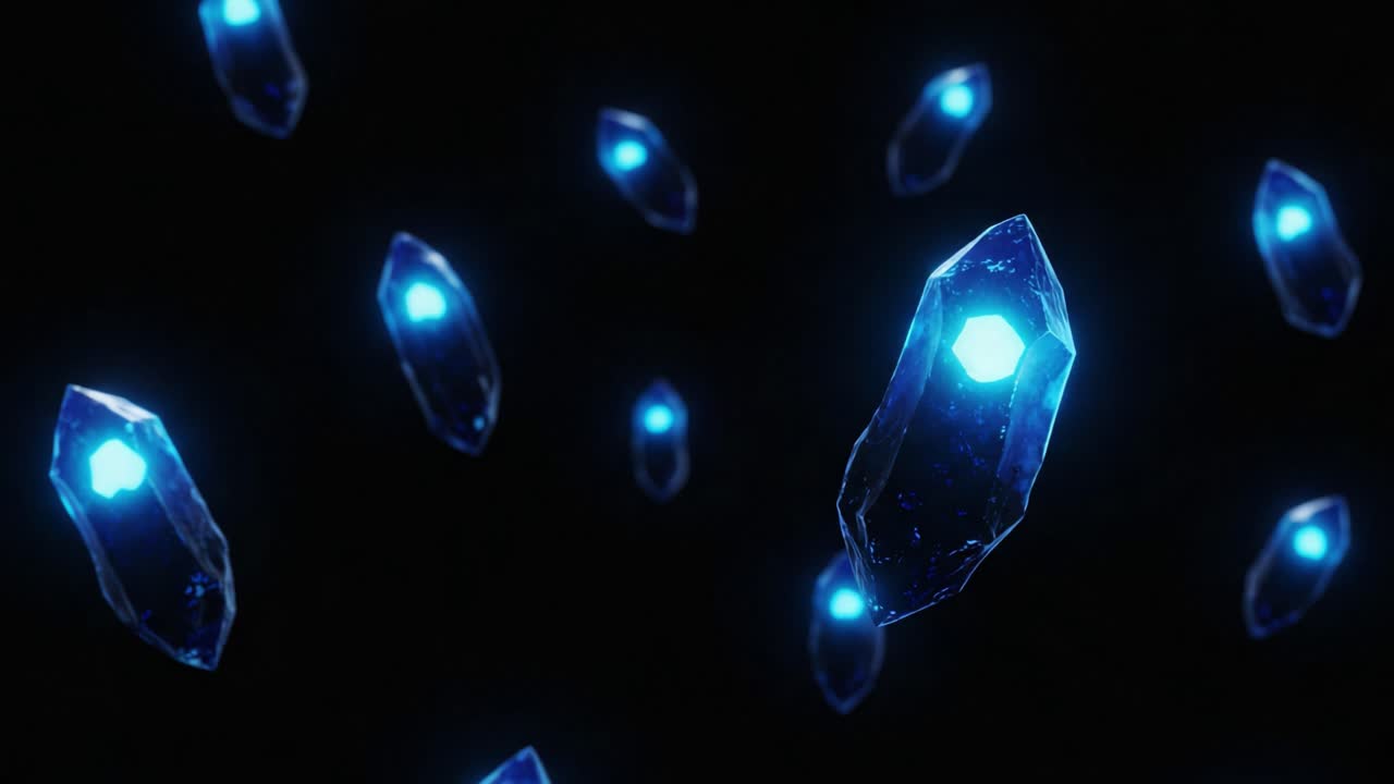 A Stunning Array of Glowing Blue Crystals Suspended in Darkness, Emitting an Enchanting Light and Creating a Visual Display of Beauty and Mystery