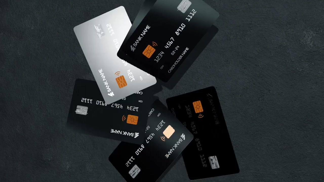 3D Animation of Floating Black Credit Cards on Dark Background