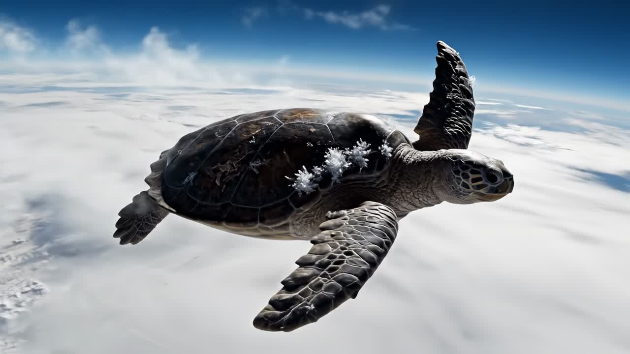 Majestic Sea Turtle Soaring Above the Clouds in Space