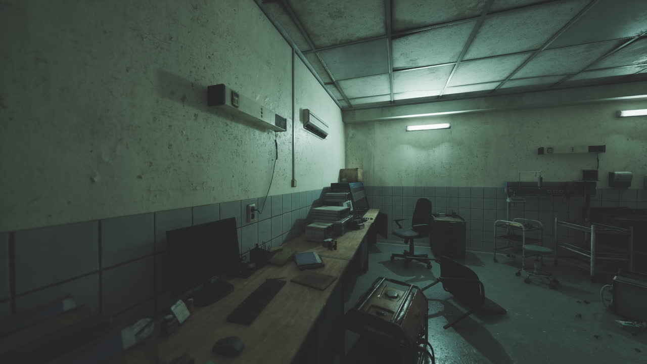 Cluttered desk in dimly lit abandoned industrial office