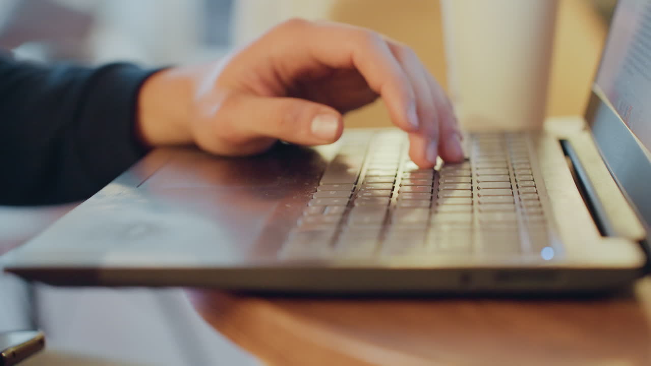 White hands typing rapidly on laptop, urgent deadline energy with screen glow, remote developer coding at night, coffee cup beside keyboard, fast keystrokes, startup hustle, focused palms, efficient