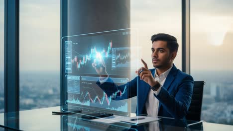 a professional in a modern office setting analyzing financial data with interactive digital displays at sunset