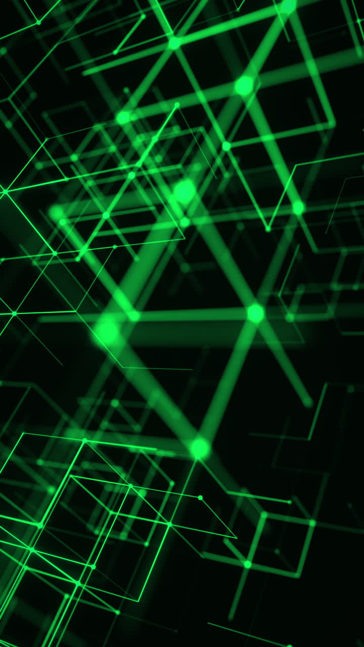 Green Tech Cubes Vertical Loop in a Luminous Futuristic Wireframe Space. Looped 3D rendering