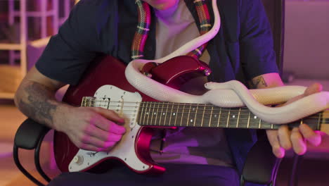 Hombre-Irreconocible-Sentado-En-Una-Silla-Sosteniendo-Serpientes-Alrededor-De-Su-Cuello-Y-Tocando-Una-Guitarra-Eléctrica-1