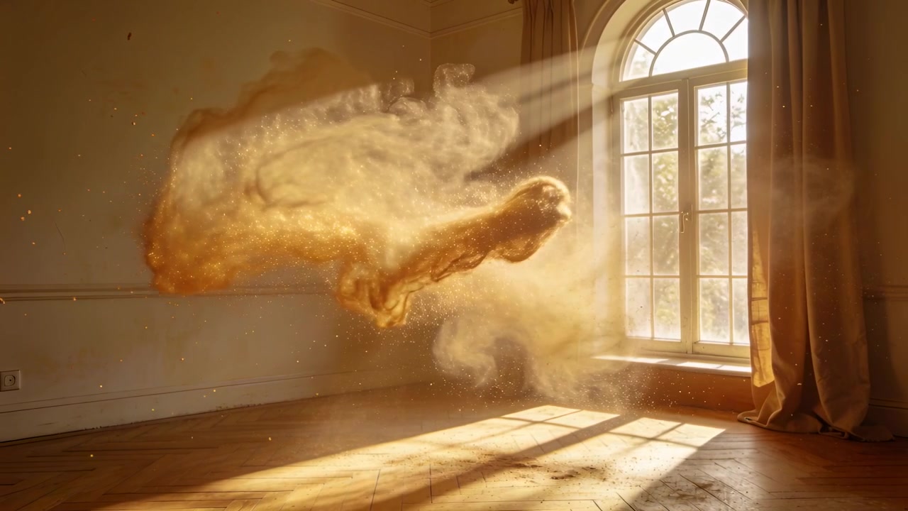 Treibende warme goldene Staubfahne bewegt sich auf ein Bogenfenster in einem leeren Raum zu, angetrieben durch Turbulenzen.