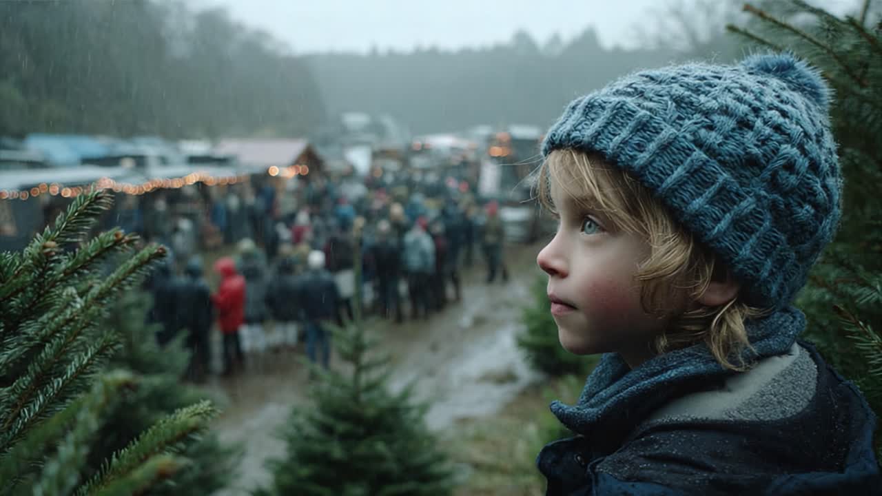 A Young Child Observes a Rainy Gathering Amidst Christmas Trees, Capturing the Spirit of the Season in a Poignant and Nostalgic Scene Full of Emotion