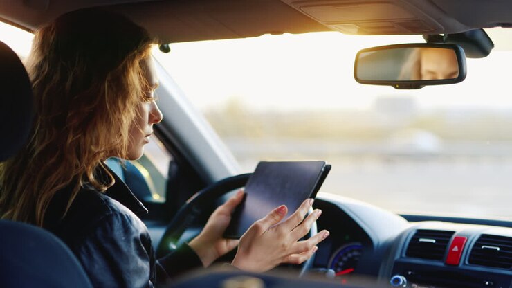 Una giovane donna usa un tablet in macchina navigando e orientandosi in un luogo sconosciuto.