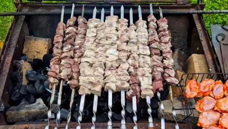grill with rows of skewered meat cooking outdoors in daylight during summer barbecue gathering
