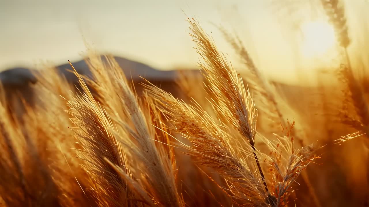 Swaying cluster of golden grasses by gentle breeze in field at sunset, low sun backlighting plumes