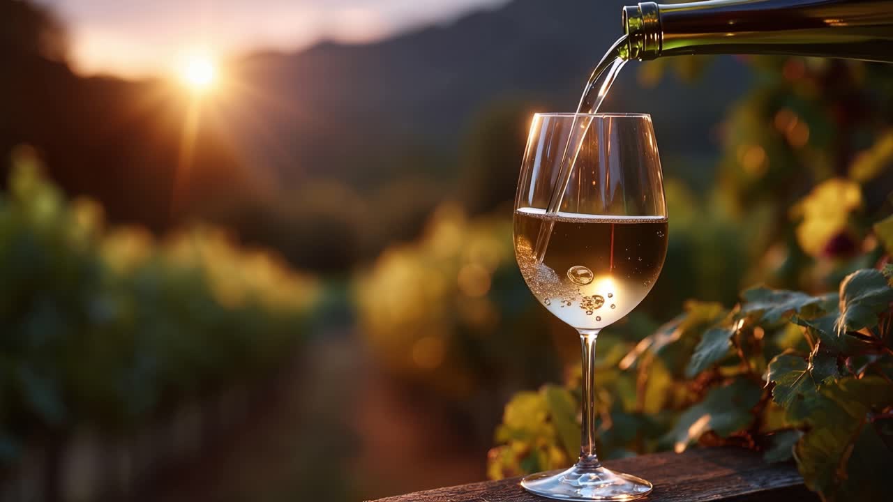 Il Tramonto Versa Vino nel Bicchiere sopra il Vigneto. La Luce Dorata Avvolge Uva e Terra. La Quiete Parla di Calma, Lusso e Pace. Ideale per Branding, Viaggi o Contenuti Lifestyle