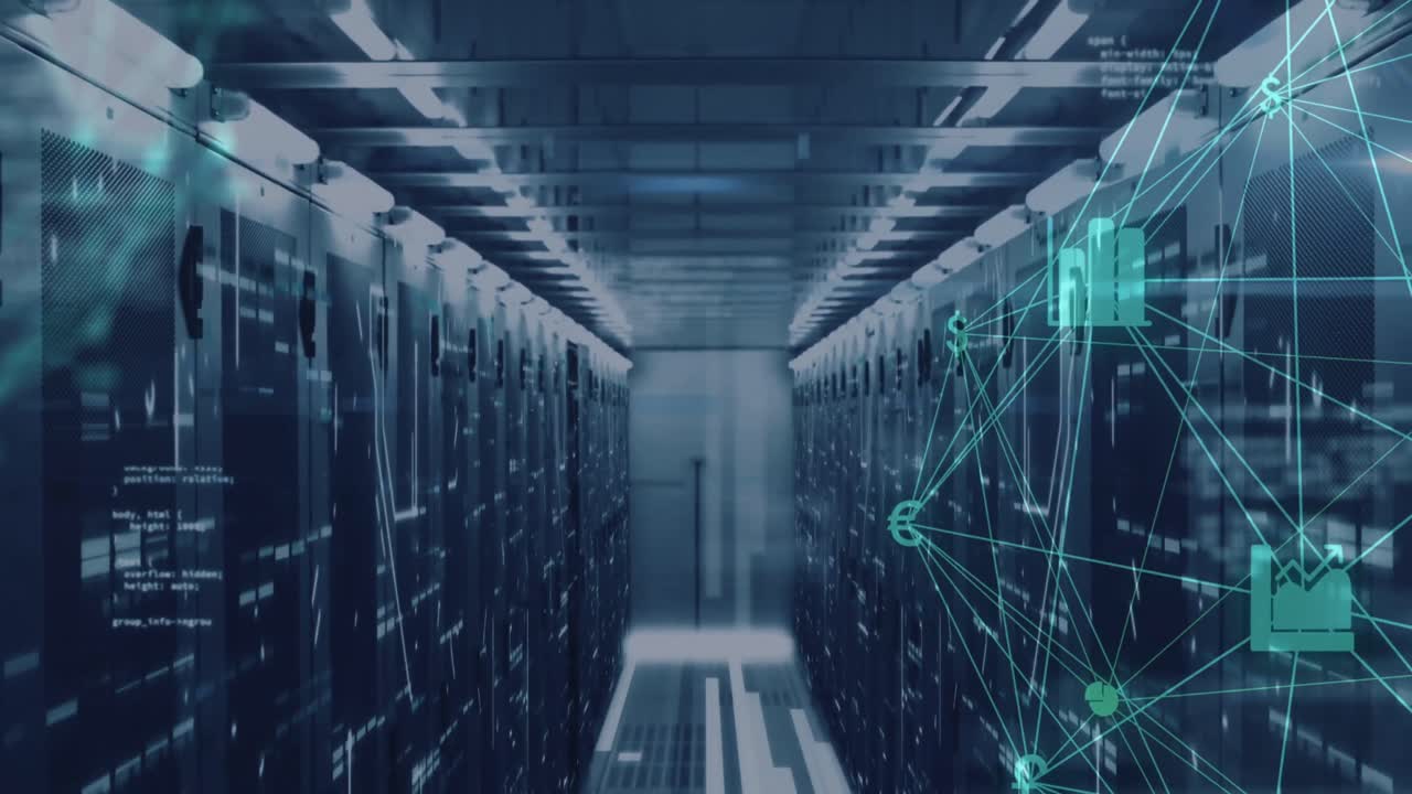 Animation of network of digital icons, data processing and mosaic squares against server room