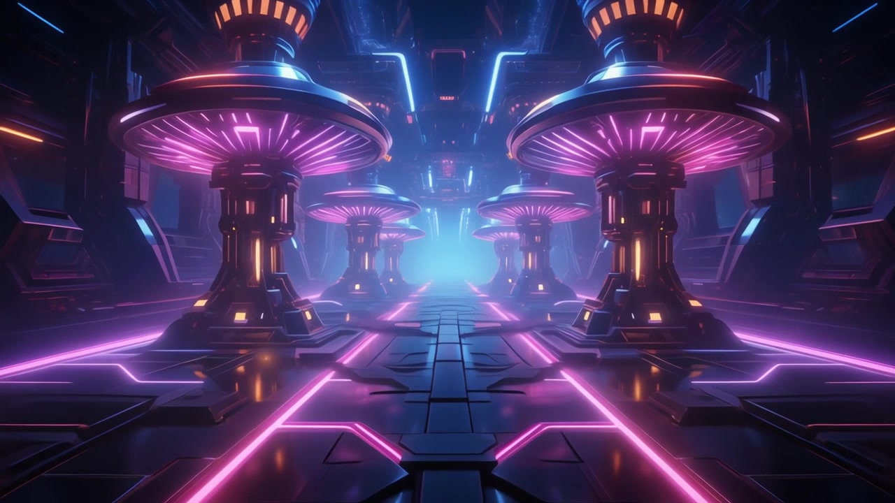 Futuristická sci-fi chodba se zářícími neonovými sloupy