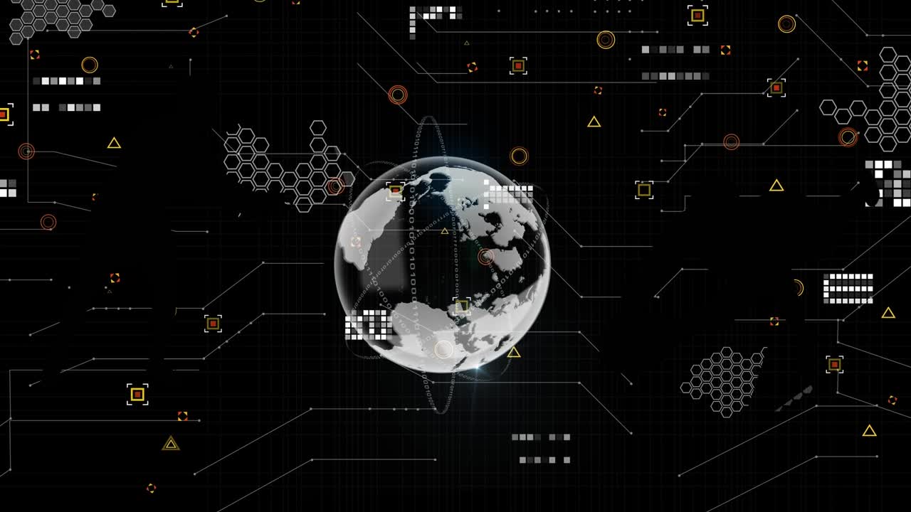Animation of data processing with globe on black background