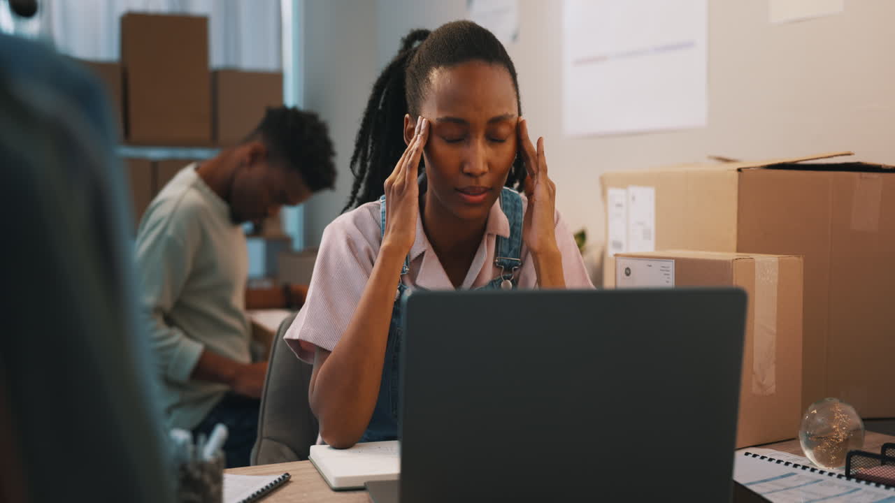 Woman stress, cardboard box
