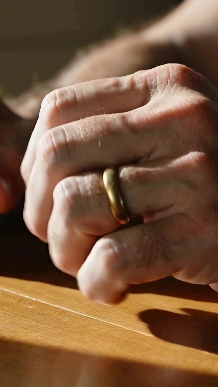 Video verticale: Lente che mette a fuoco riprendendo mani maschili che sistemano una fede nuziale d'oro su un tavolo di legno illuminato dal sole.